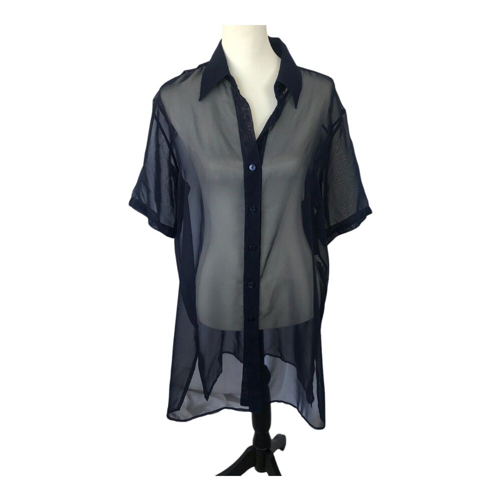 Gottex Swimwear Women's Sheer Navy Button Front Tunic Cover-Up top Size S